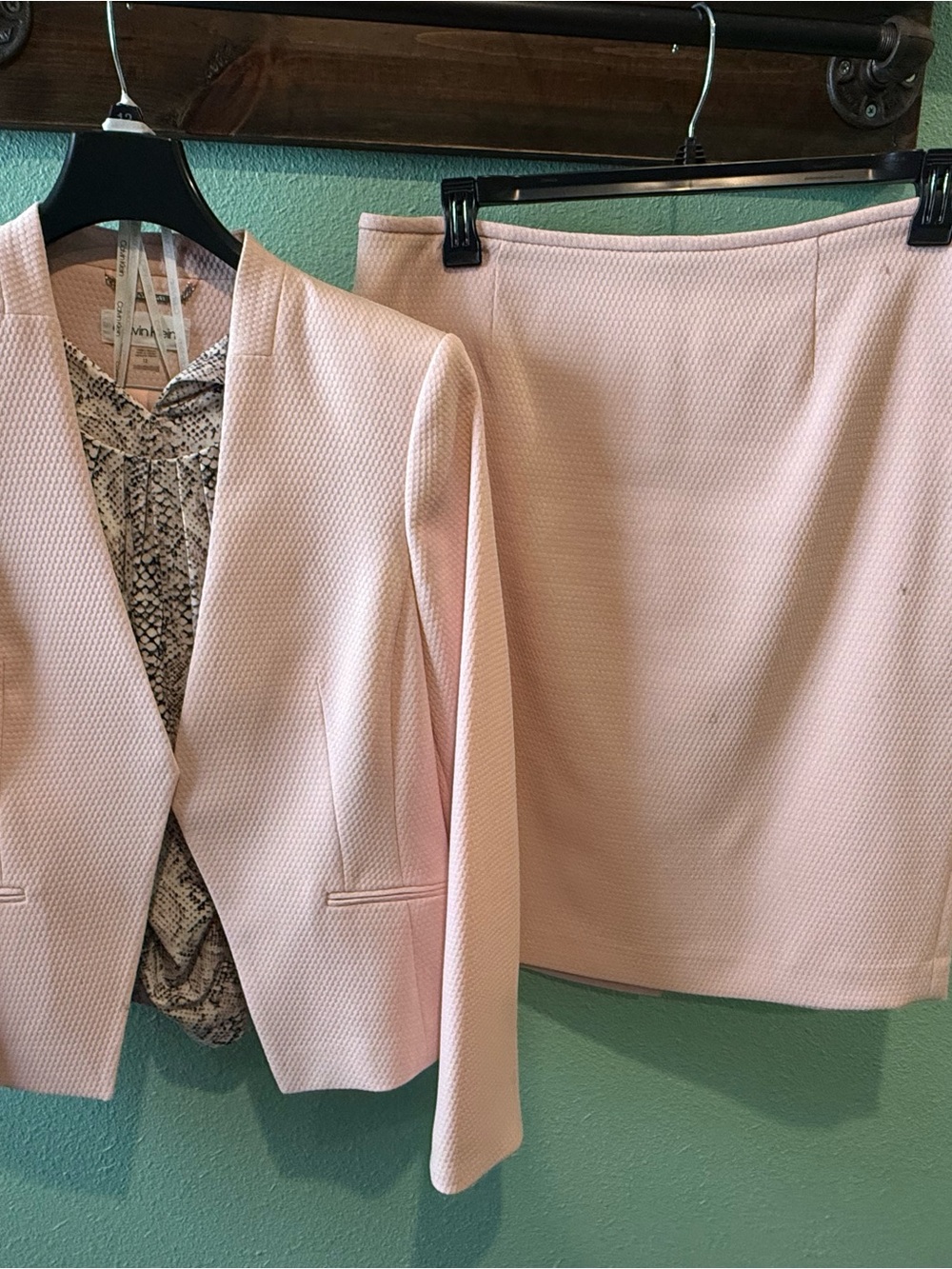 Calvin Klein Light Pink Textured Blazer and Skirt Set